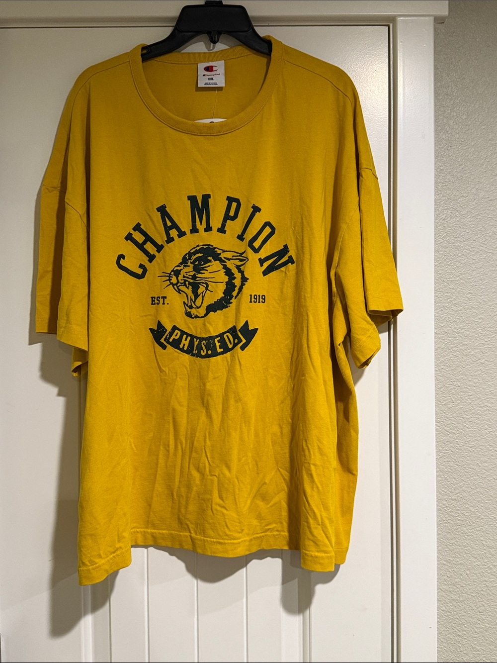Champion Mustard Yellow Graphic Tee with Roaring Cat